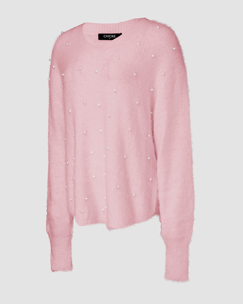 V-Neck Beaded Long Sleeve Fluffy Oversized Pullover Sweater