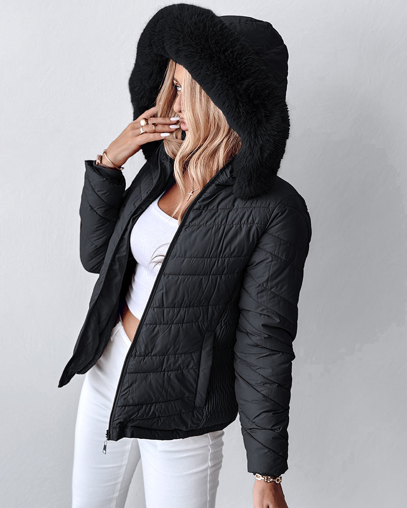 Fuzzy Trim Hooded Puffer Jacket with Shirred Zipper Pockets