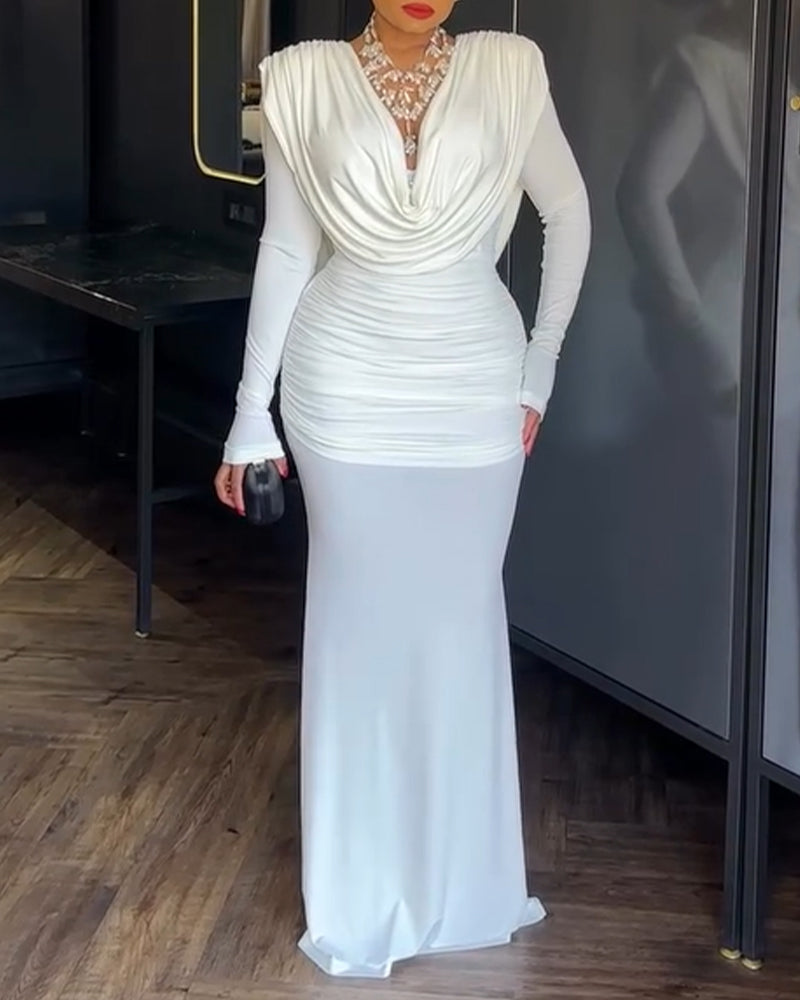 Padded Shoulder Cowl Neck Ruched Backless Maxi Dress