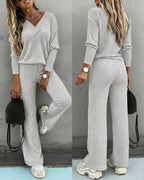 2-Piece V-Neck Button Top and Straight Leg Casual Pants Set