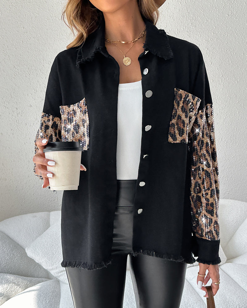 Leopard Sequin Patchwork Shacket with Raw Hem Long Sleeves