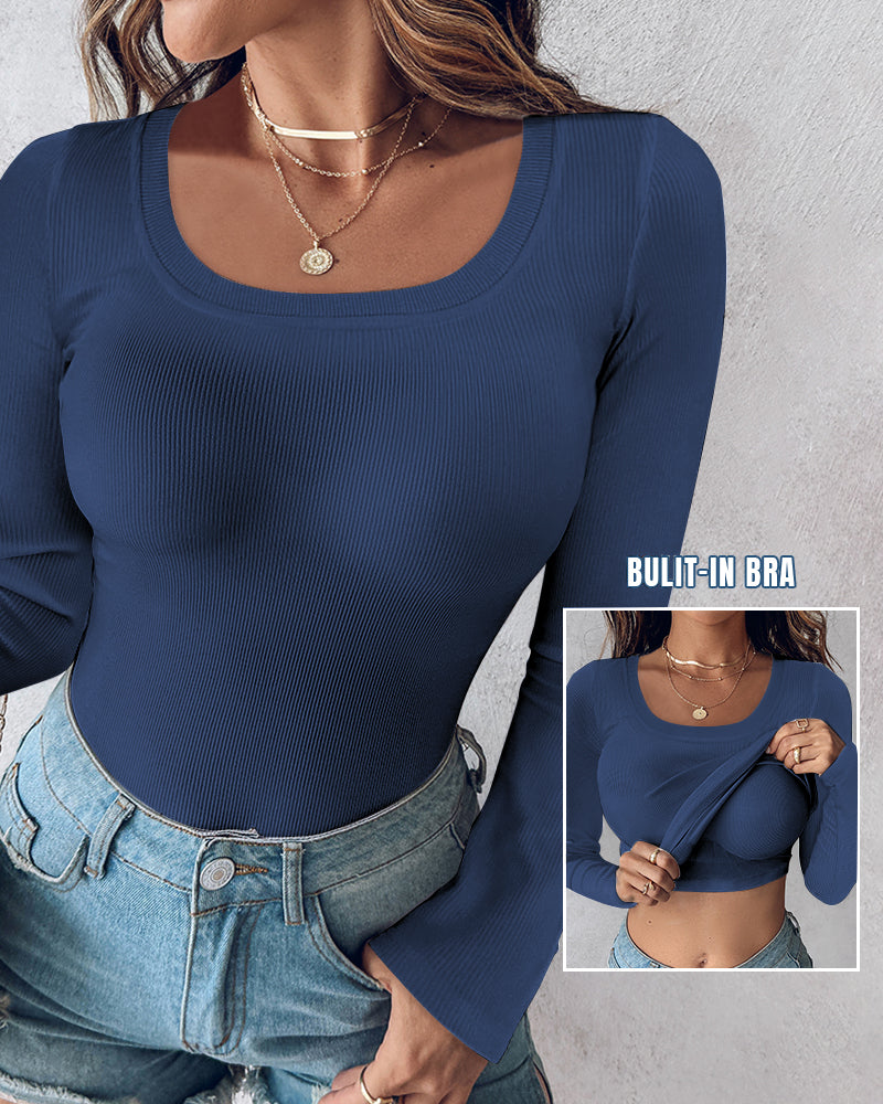 U-Neck Long-Sleeve Ribbed Top Featuring Integrated Bra Support