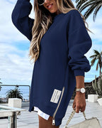 Drop Shoulder Zip-Side Long Sleeve Pullover with Slit Detail.