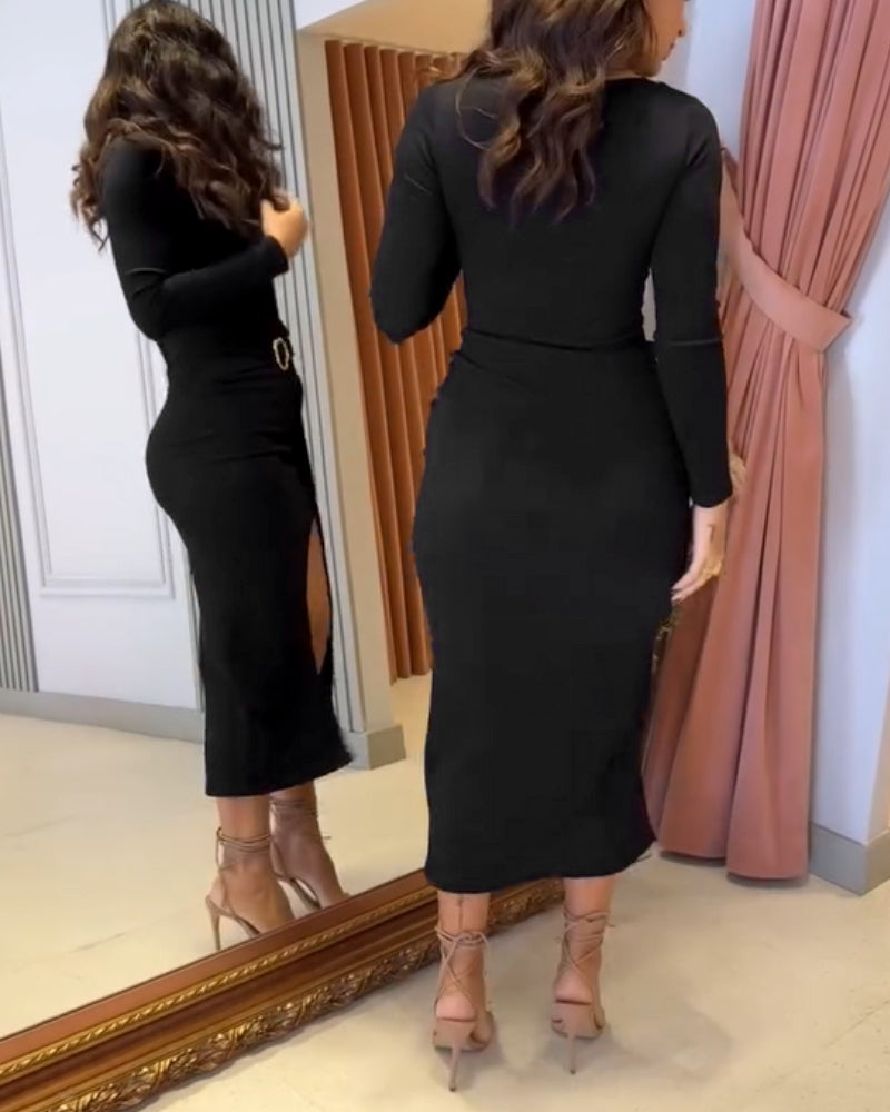 Ribbed Wrap Dress with Cinched Waist and Mid-Length Ring Detail