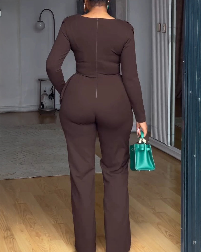 Cowl Neck Asymmetrical Cinched Waist Wide Leg Zippered Jumpsuit