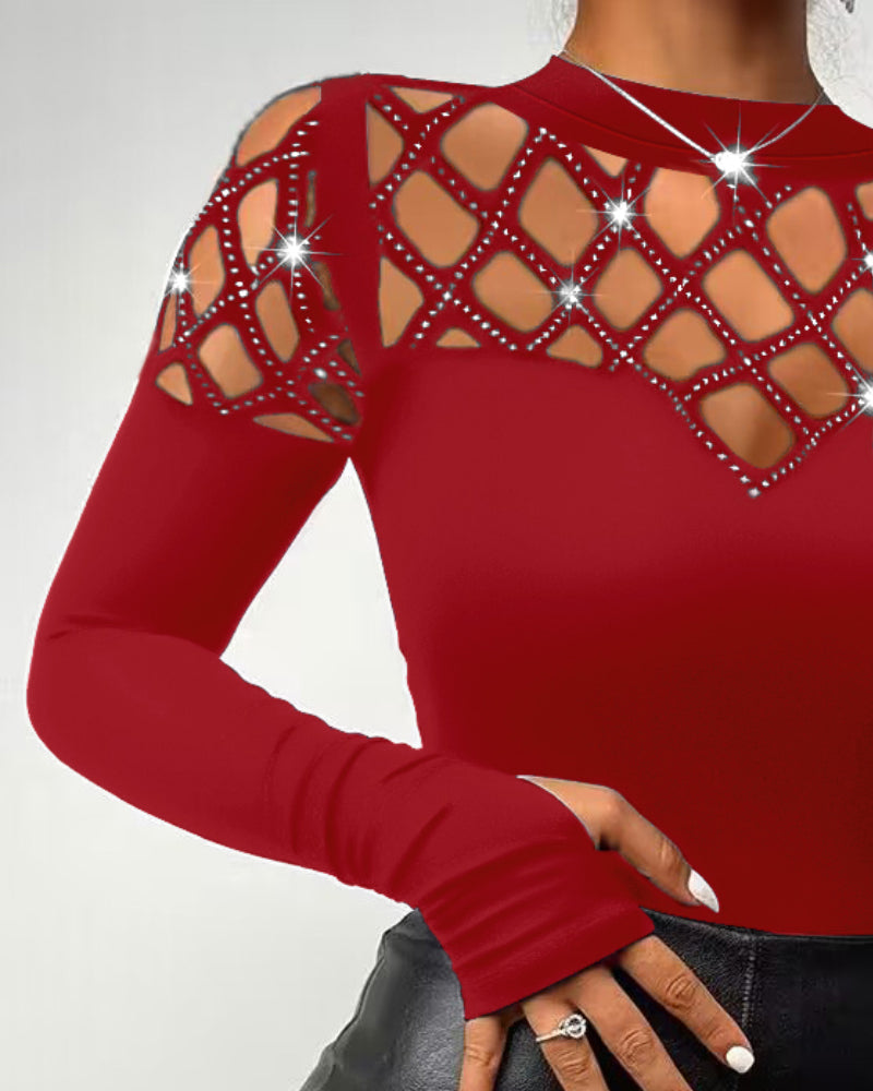 Hollow Rhinestone Cold Shoulder Long-Sleeve Casual T-Shirt