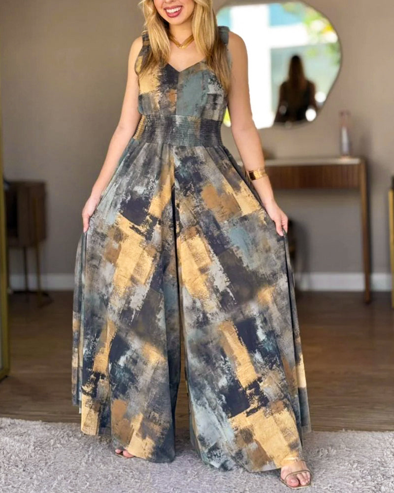 "Abstract Oil Print V-Neck Wide Leg High Waist Jumpsuit"