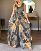 "Abstract Oil Print V-Neck Wide Leg High Waist Jumpsuit"