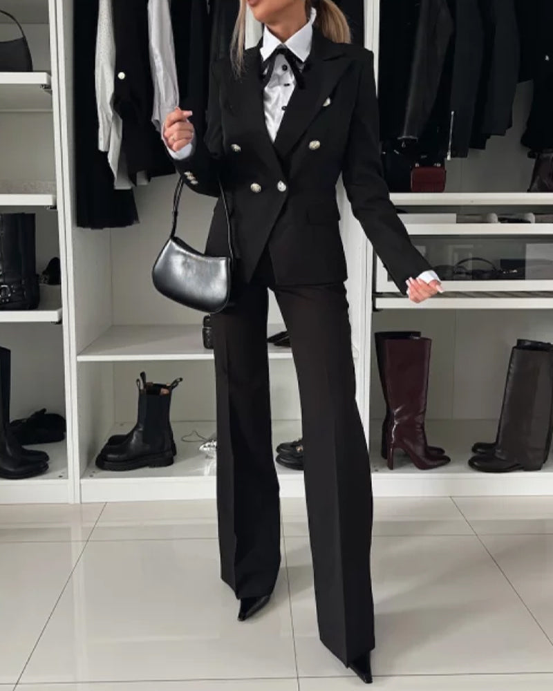 2-Piece Notched Collar Coat with Slim Fit Flared Pants Set