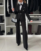 2-Piece Notched Collar Coat with Slim Fit Flared Pants Set