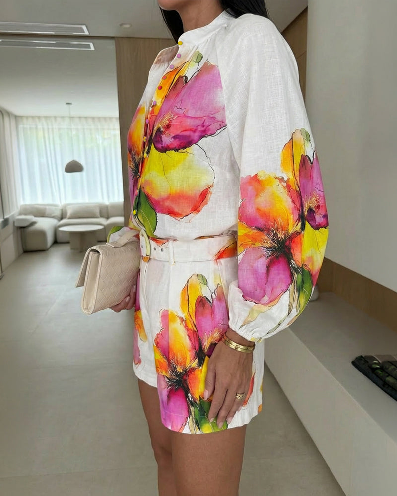 2-Piece Set with Lantern Sleeves and Floral Shorts