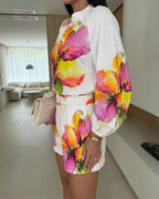 2-Piece Set with Lantern Sleeves and Floral Shorts