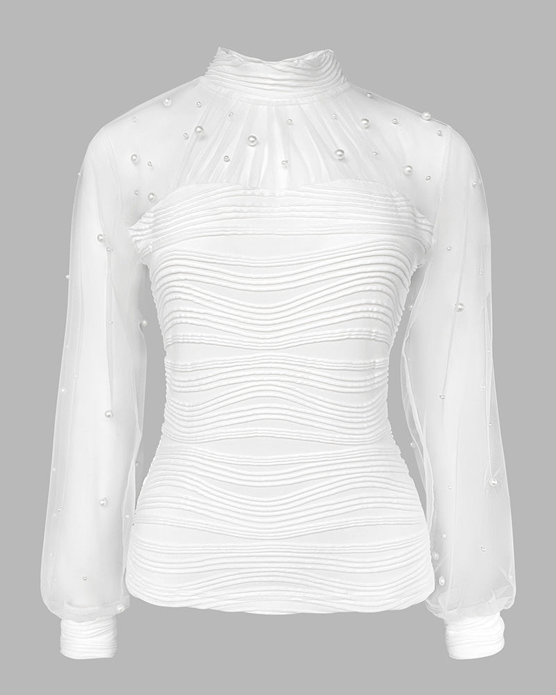 Pearl-Embellished Mesh-Inset Ruched Tee with Open-Back Detail