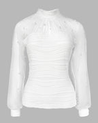 Pearl-Embellished Mesh-Inset Ruched Tee with Open-Back Detail