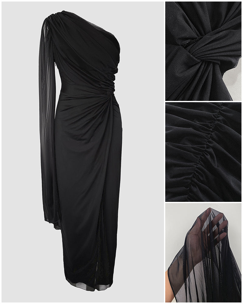 One-Shoulder Mesh Cloak Sleeve Dress with Ruched Waist and Slit