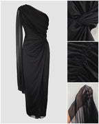 One-Shoulder Mesh Cloak Sleeve Dress with Ruched Waist and Slit