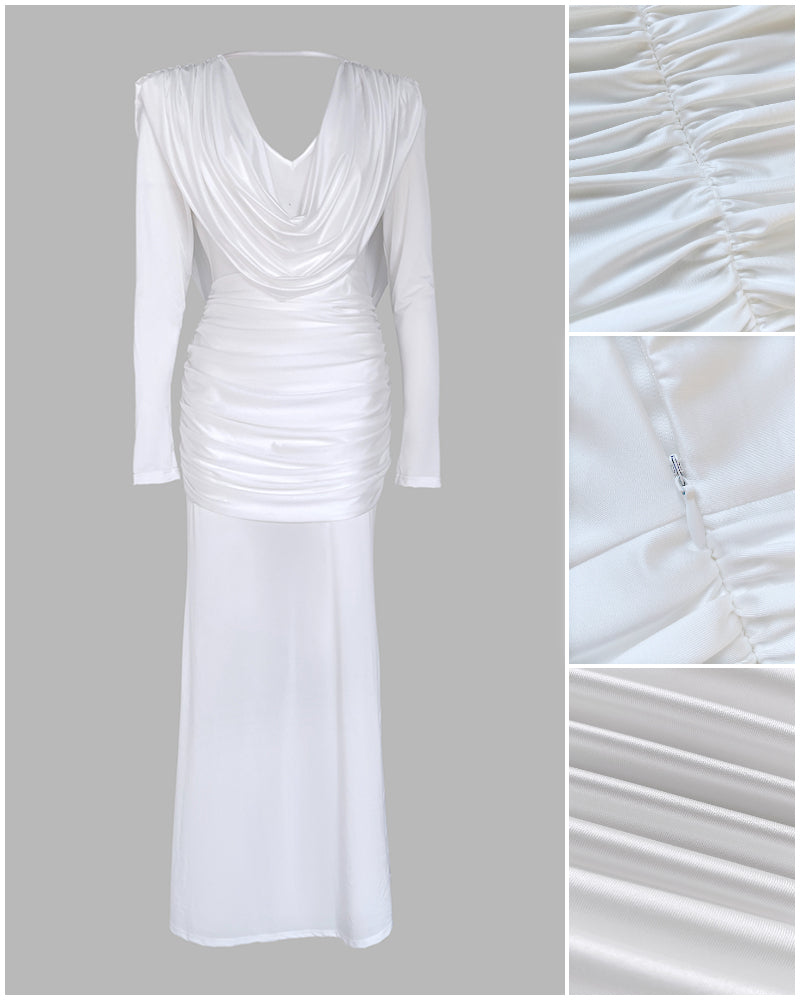Padded Shoulder Cowl Neck Ruched Backless Maxi Dress
