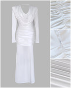 Padded Shoulder Cowl Neck Ruched Backless Maxi Dress