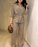 Vintage 2-Piece Set: Drawstring Top and Wide-Leg Pants
