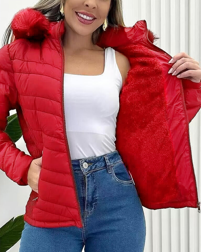 Fuzzy Trim Hooded Puffer Jacket with Shirred Zipper Pockets