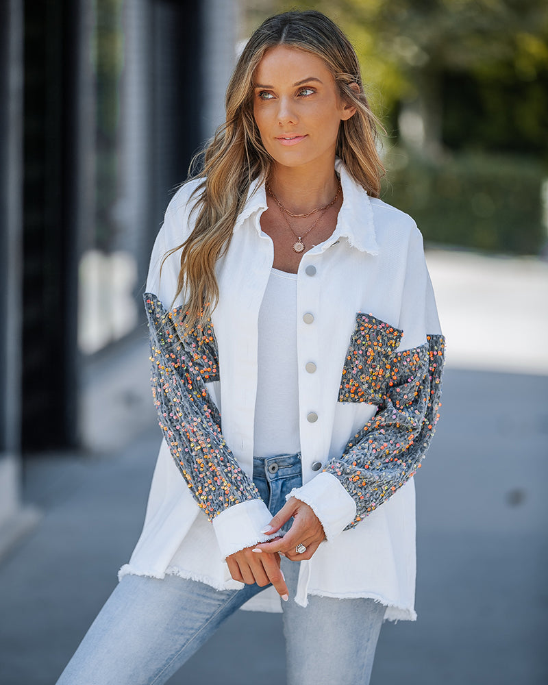 Raw Hem Sequin Patchwork Denim Shacket with Button Front