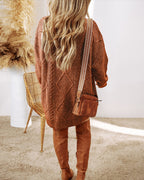 Casual Mid-Length Cable Knit Drop Shoulder Pullover Sweater
