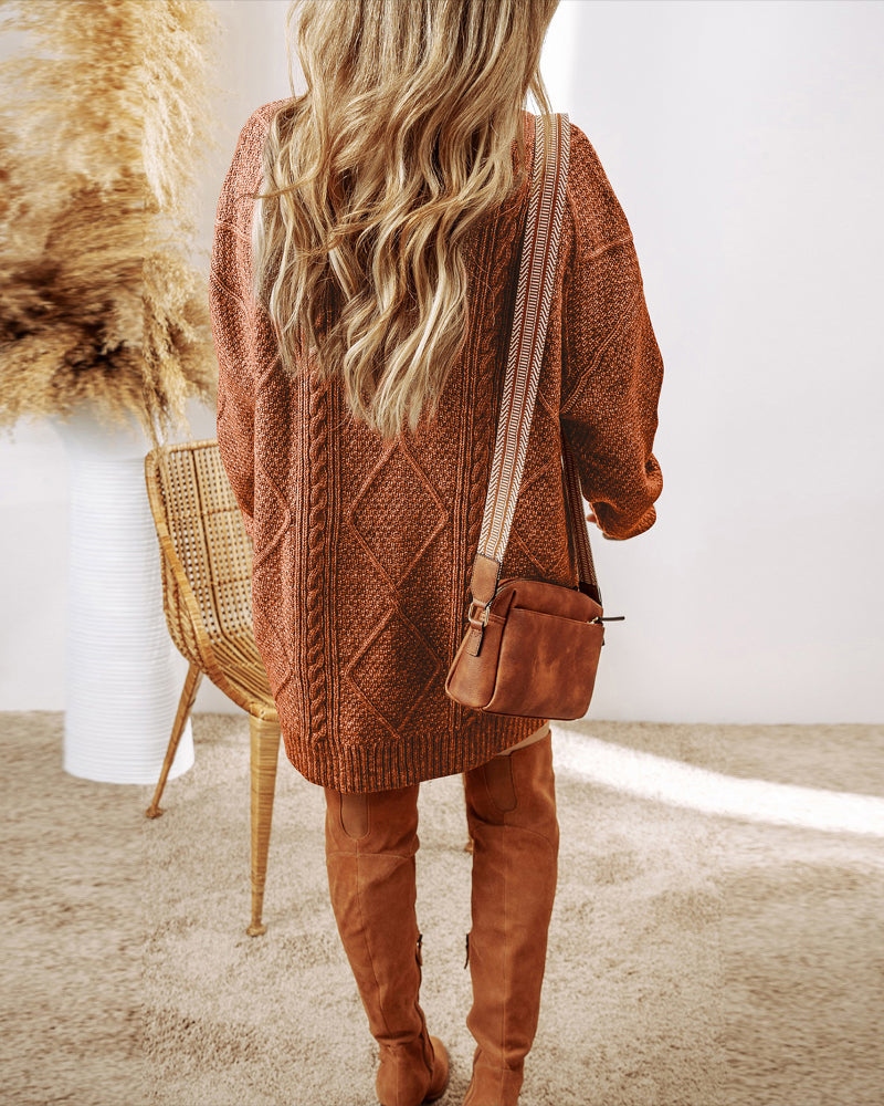 Casual Mid-Length Cable Knit Drop Shoulder Pullover Sweater