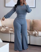 2-Piece O-Neck Sweatshirt and Wide-Leg Pants Set with Cinched Waist