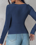 U-Neck Long-Sleeve Ribbed Top Featuring Integrated Bra Support