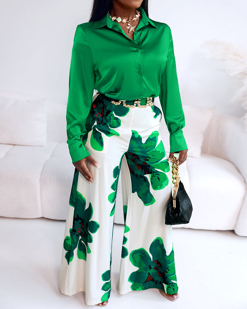 Satin Blouse and Floral Wide-Leg Pants Two-Piece Set