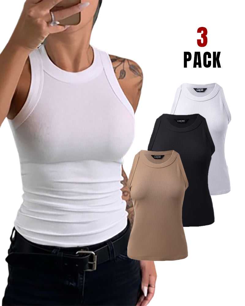 3-Pack Knit Racerback Tank Tops, Round Neck, Thick Straps