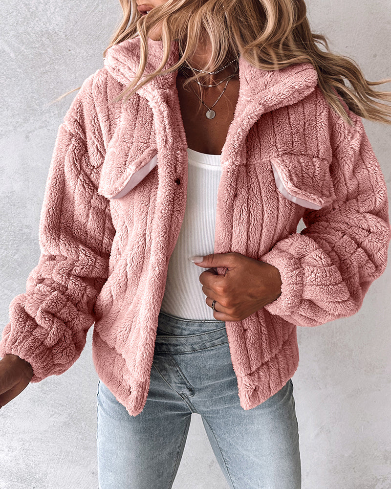 Striped Teddy Fleece Jacket with Buttons and Flap Pockets