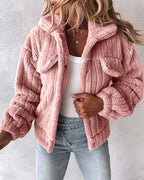 Striped Teddy Fleece Jacket with Buttons and Flap Pockets