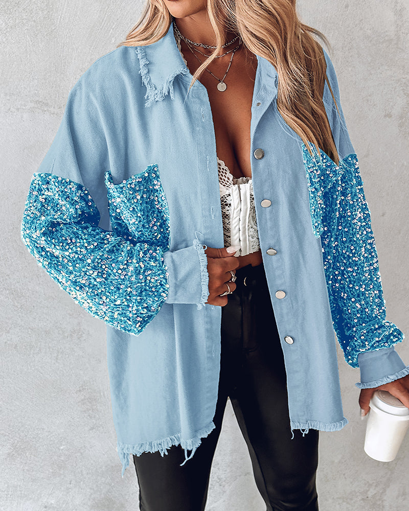 Raw Hem Sequin Patchwork Denim Shacket with Button Front