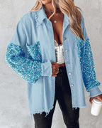 Raw Hem Sequin Patchwork Denim Shacket with Button Front
