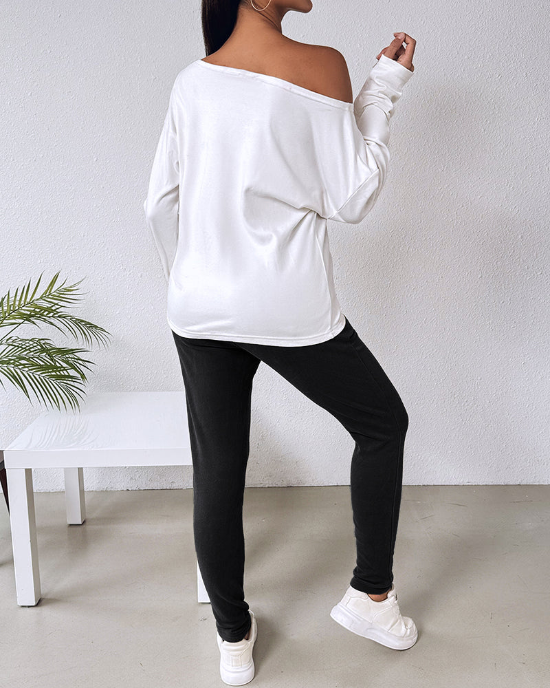 "Nope. Not Today" Asymmetric Neckline Top and Fitted Pants Set