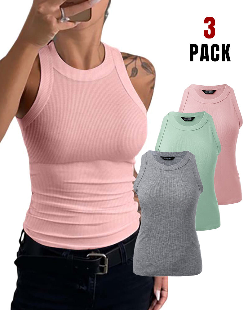 3-Pack Knit Racerback Tank Tops, Round Neck, Thick Straps