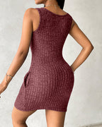 Ribbed Sleeveless Tank Dress: Button-Front, Bodycon Mini Style