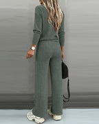 2-Piece V-Neck Button Top and Straight Leg Casual Pants Set