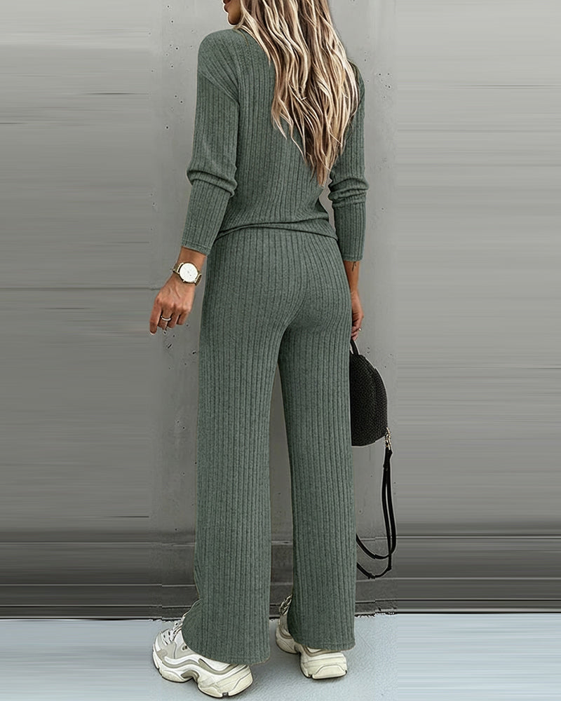 2-Piece V-Neck Button Top and Straight Leg Casual Pants Set