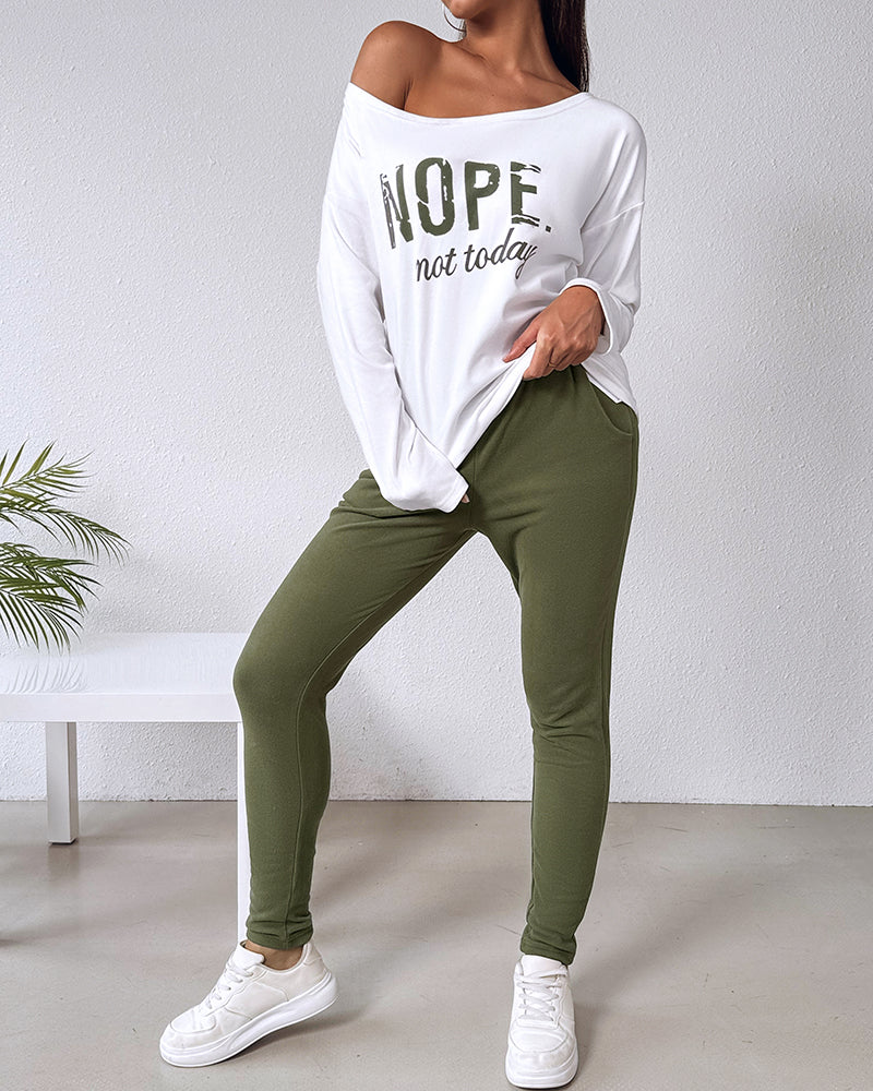 "Nope. Not Today" Asymmetric Neckline Top and Fitted Pants Set