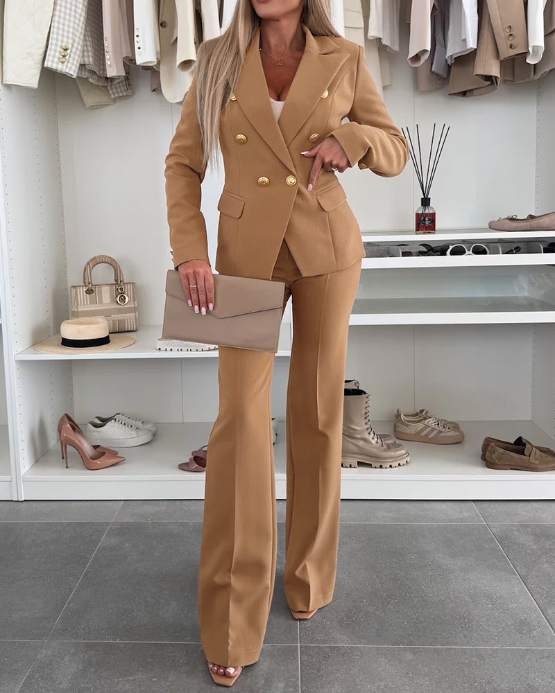 2-Piece Notched Collar Coat with Slim Fit Flared Pants Set