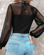 Rhinestone Mock Neck Sheer Mesh Lantern Sleeve Slim Top