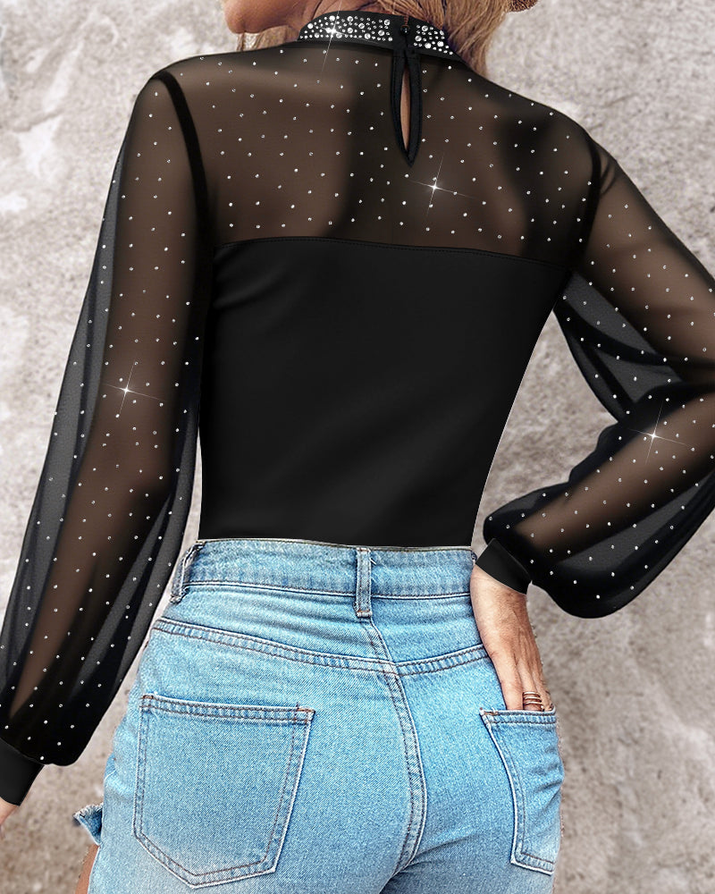 Rhinestone Mock Neck Sheer Mesh Lantern Sleeve Slim Top