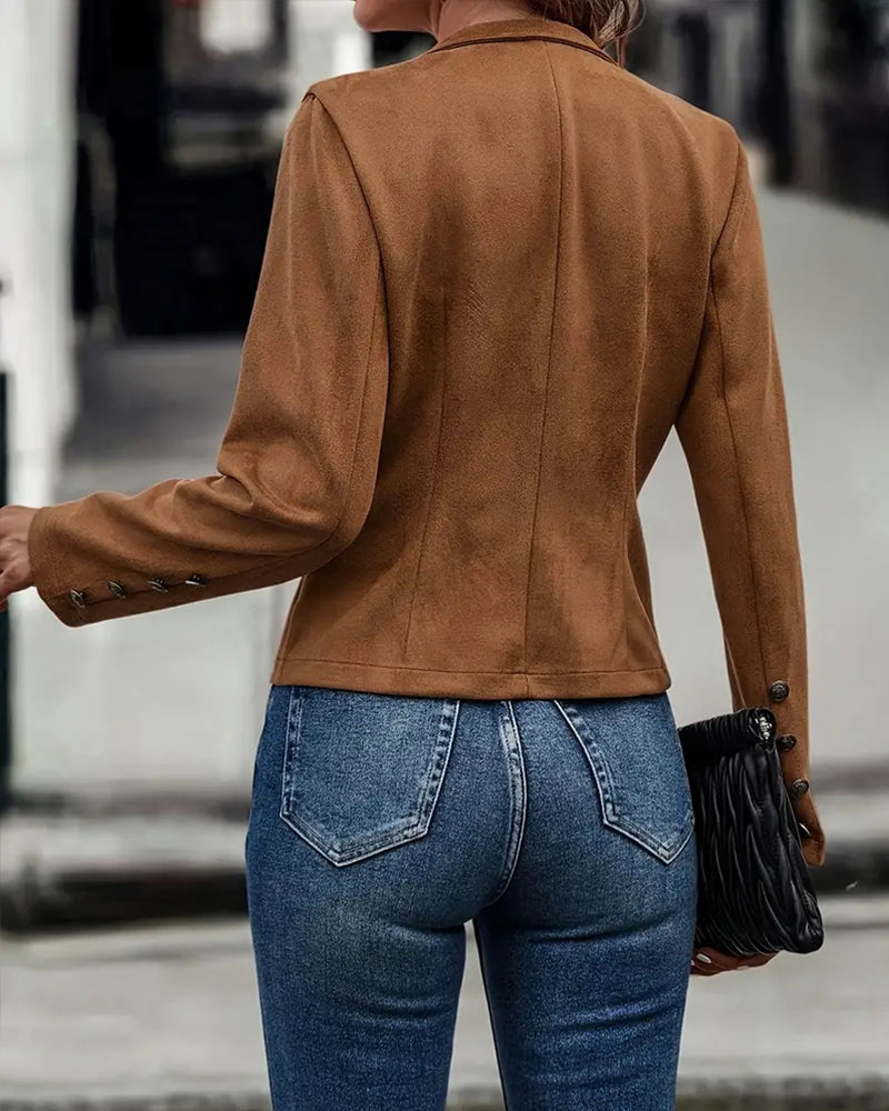 Faux Suede Jacket with Stand Collar and Button-Up Front