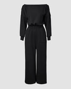 Off-Shoulder Jumpsuit with Elastic Waist, Pockets, and V-Back Design