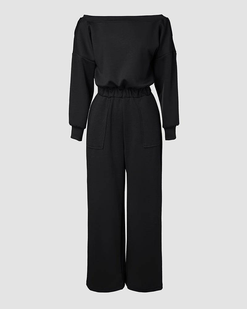 Off-Shoulder Jumpsuit with Elastic Waist, Pockets, and V-Back Design