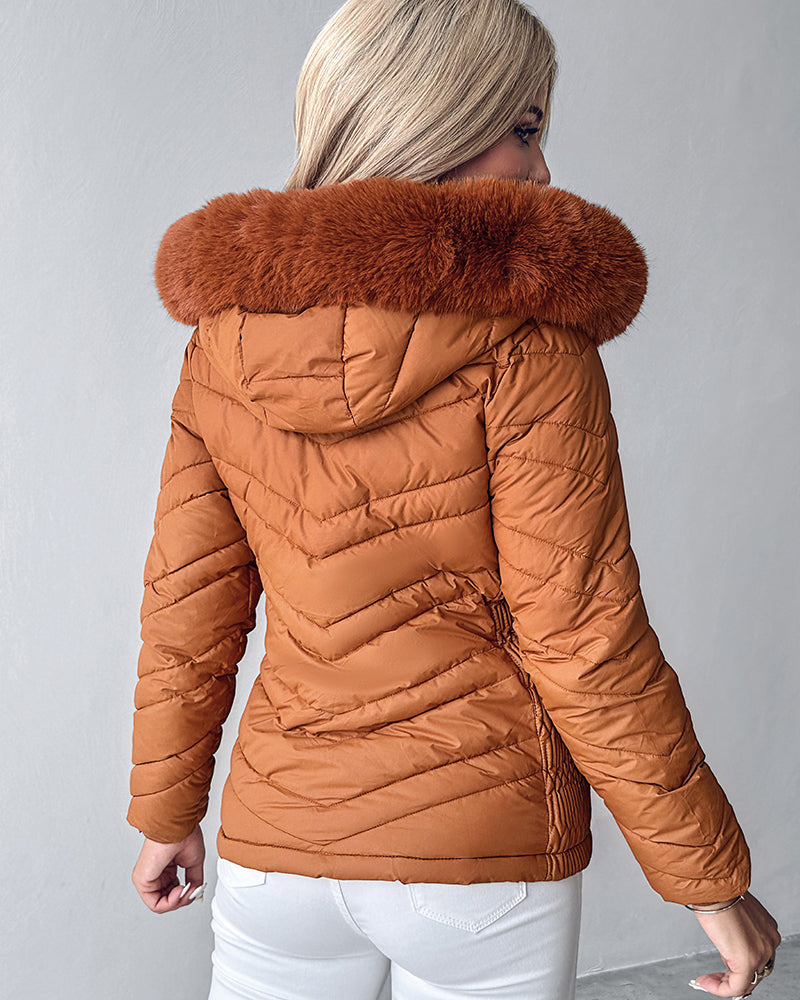 Fuzzy Trim Hooded Puffer Jacket with Shirred Zipper Pockets