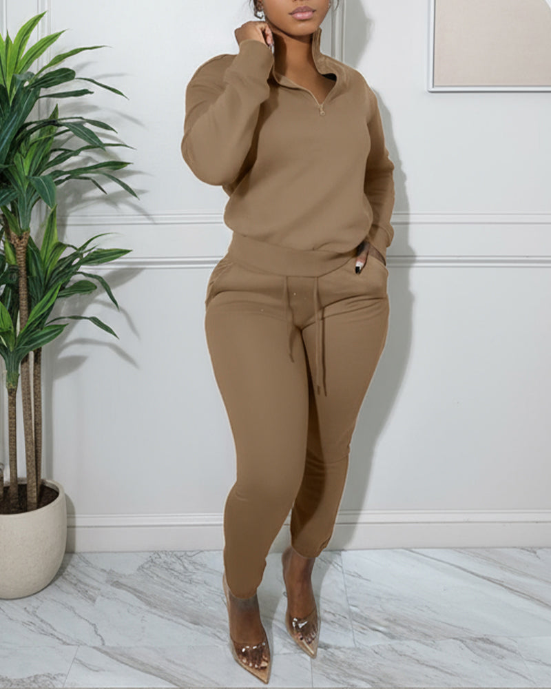 2-Piece Half-Zip High Neck Top and Drawstring Joggers Set