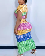 Colorful Deep V-Neck Dress with Slit and Twisted Waist Detail